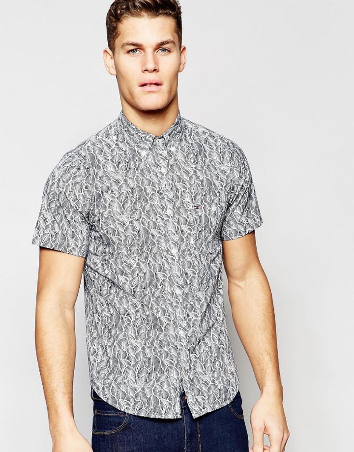 Tommy Hilfiger Shirt With Leaf Print In Blue Slim Fit - Blue