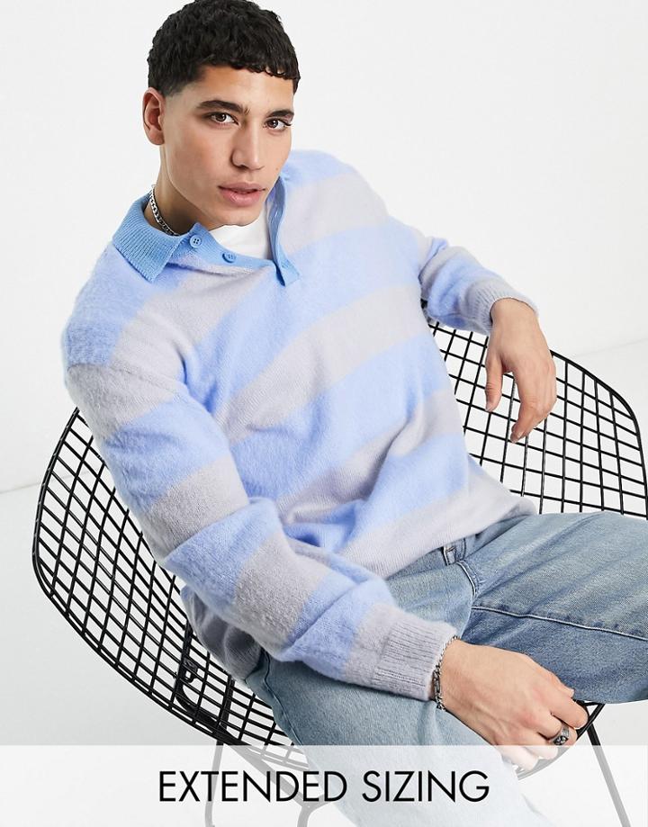 Asos Design Knitted Rugby Polo Sweater In Light Blue Stripes