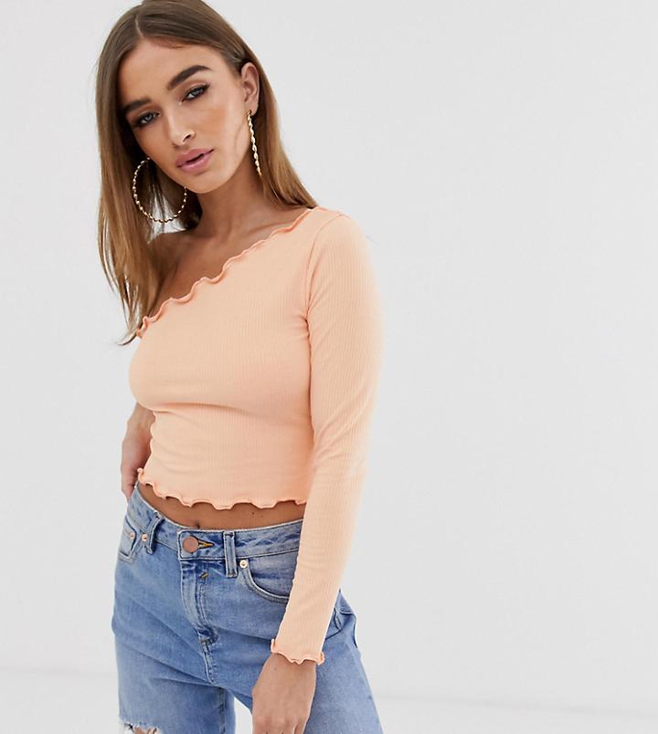 Asos Design Petite One Shoulder Long Sleeve Crop T-shirt With Lettuce Hem In Coral-pink
