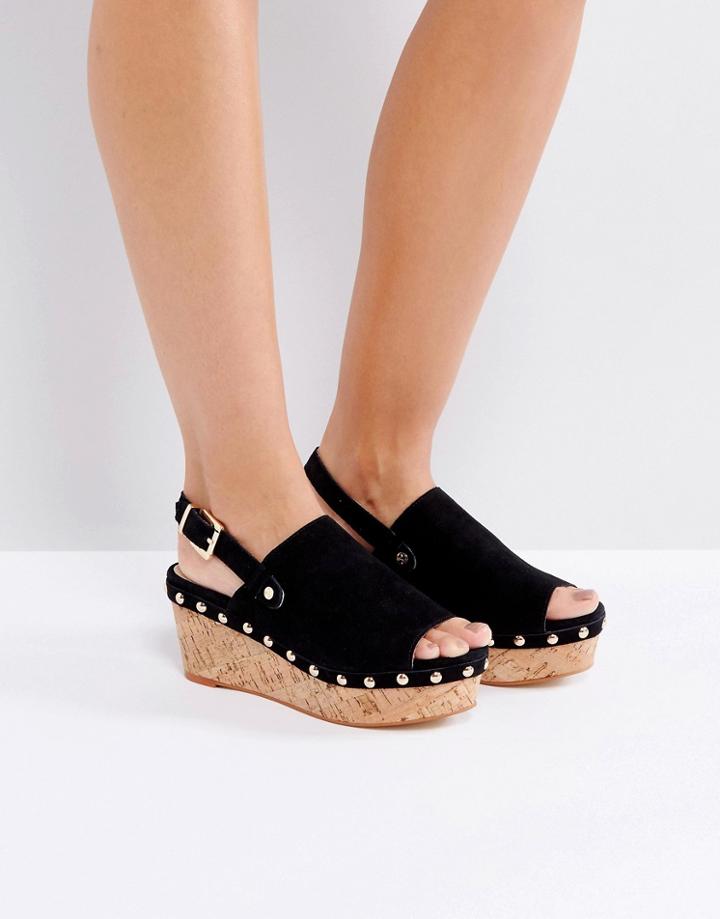 Ravel Stud Trim Suede Flatform Sandal - Black
