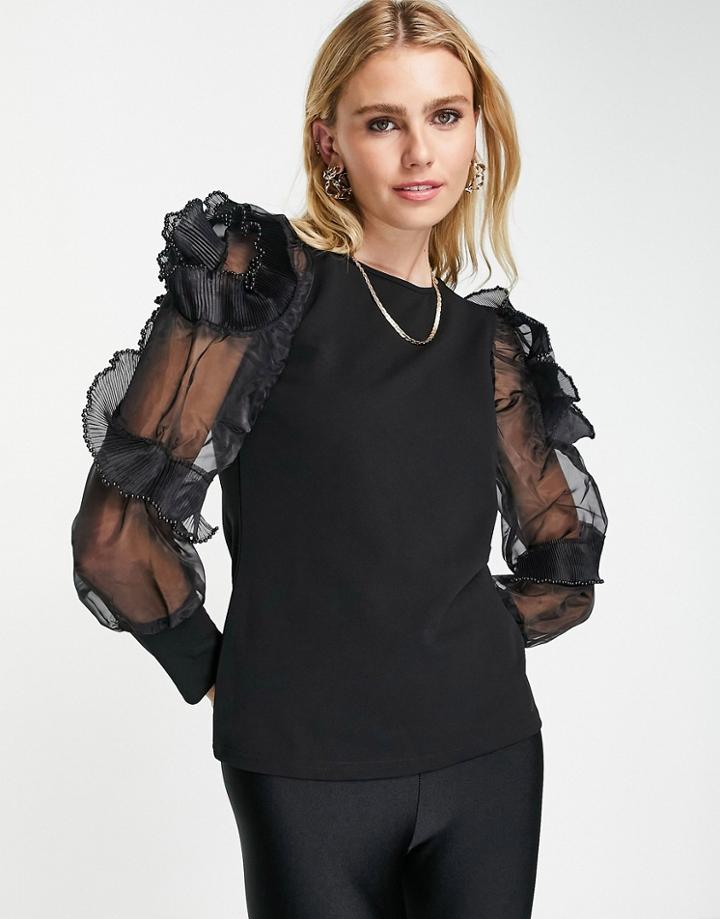River Island Ruffle Organza Sleeved Top In Black