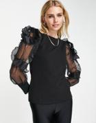 River Island Ruffle Organza Sleeved Top In Black