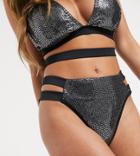 Wolf & Whistle Exclusive Strappy High Leg Bikini Bottom In Black Shimmer