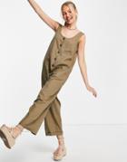 Topshop Lightweight Button Through Jumpsuit With Pockets In Khaki-green