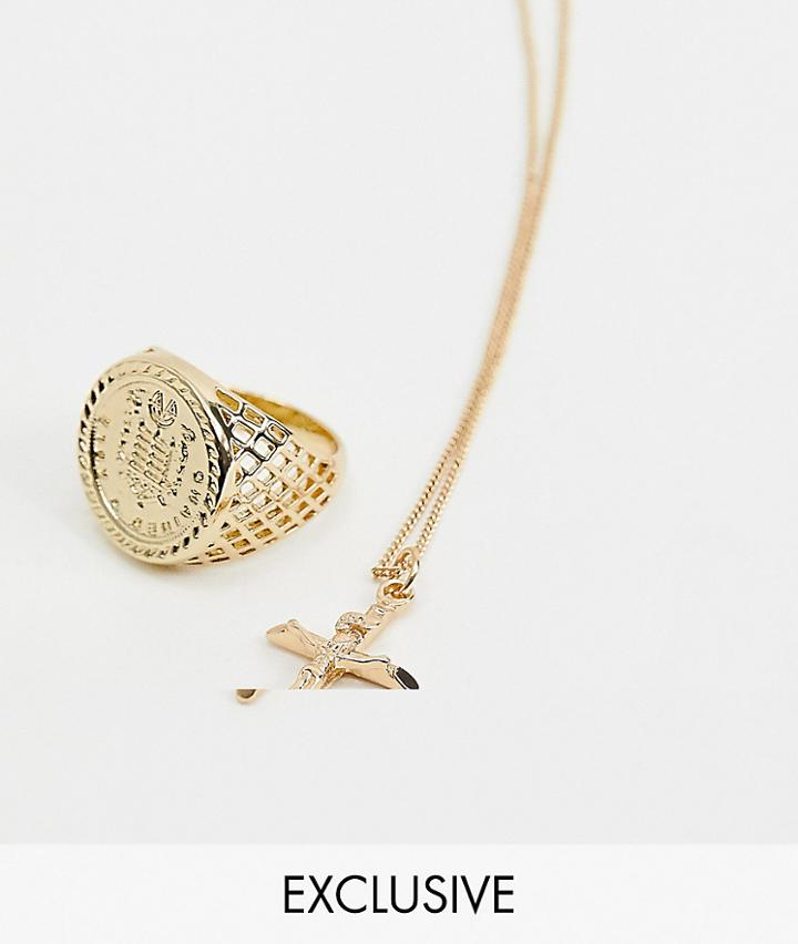 Chained & Able Crucifix Necklace In Gold & Sovereign Ring In 2 Pack Exclusive To Asos - Gold
