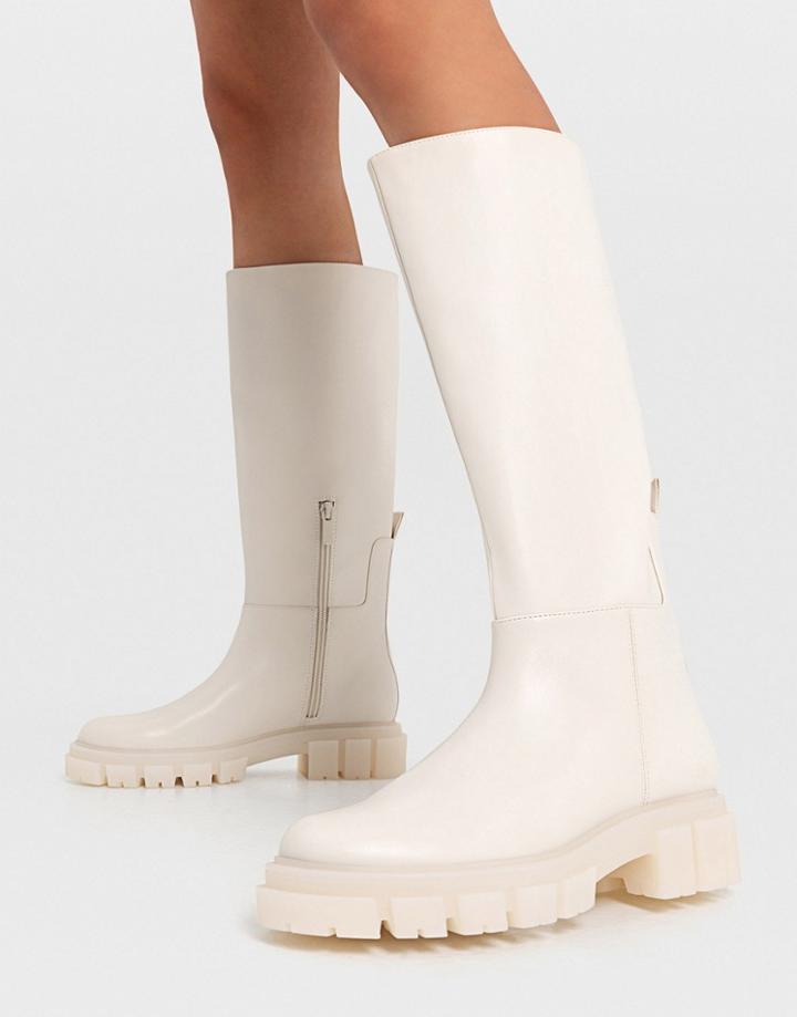 Stradivarius Knee Boots With Chunky Sole In Cream-white