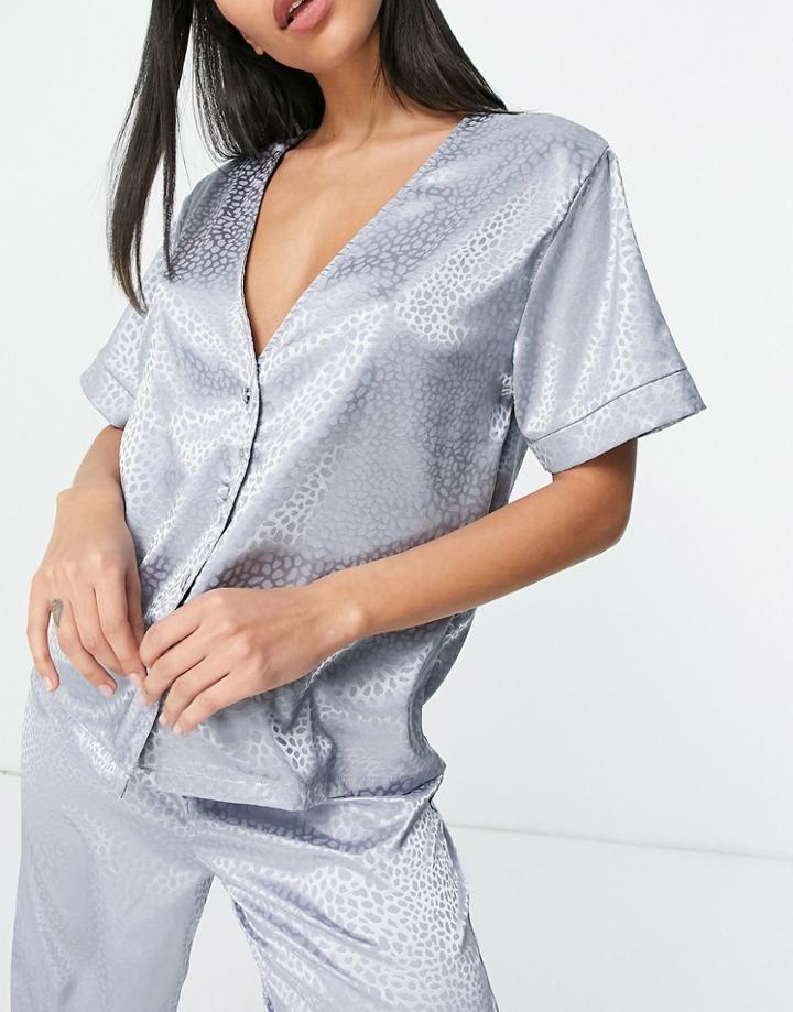 Asos Design Mix & Match Satin Animal Jacquard Shirt In Blue-blues