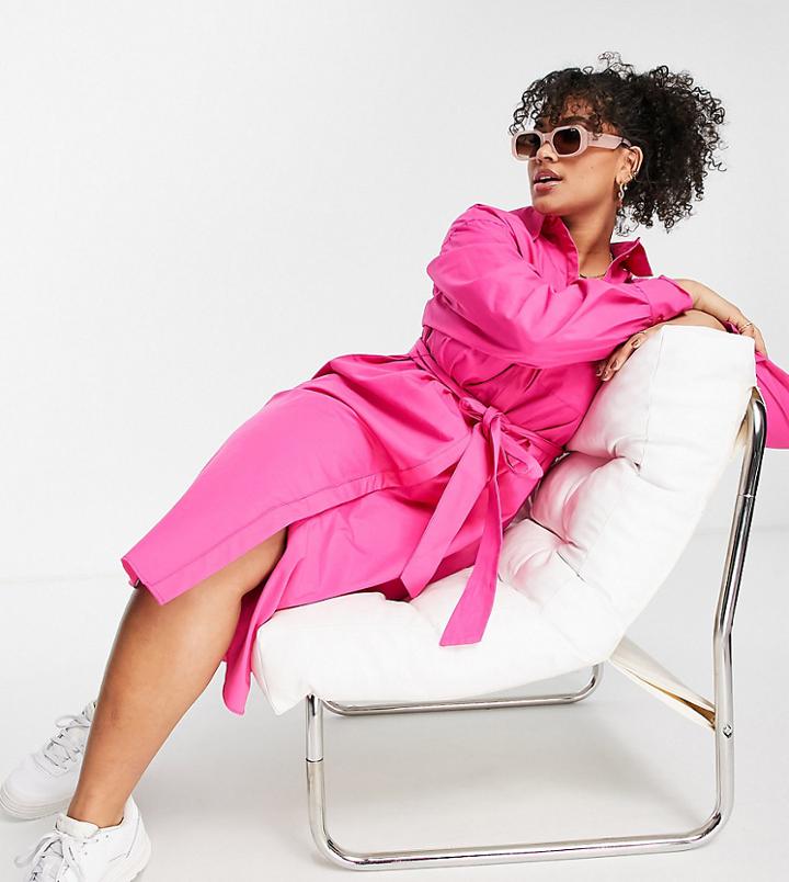 Asos Design Curve Edit Stretch Midi Shirt Dress With Detachable Belt In Bright Pink