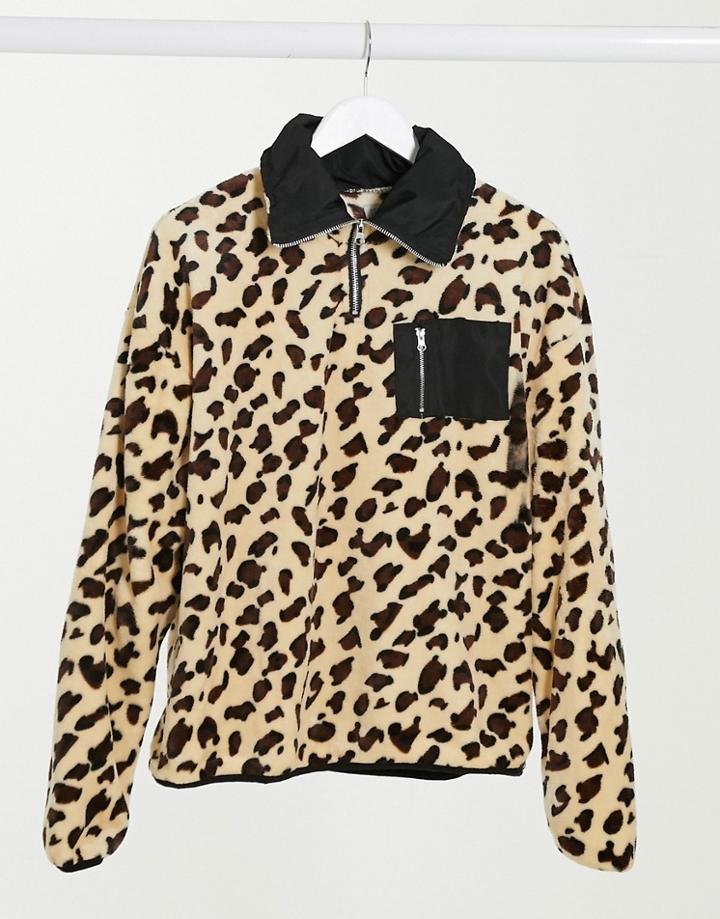 Street Collective Oversized Borg Half Zip Fleece In Leopard Print-multi