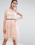 Little Mistress Lace Overlay 3/4 Sleeve Dress - Pink
