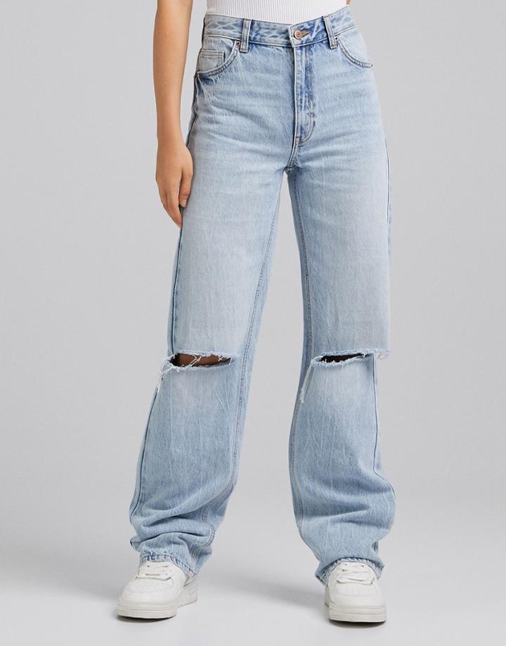 Bershka Dad Jeans With Rip Detail In Bleached Wash-blues