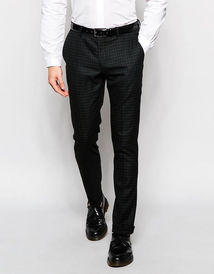 Selected Homme Skinny Check Pants With Turn Up And Stretch - Black