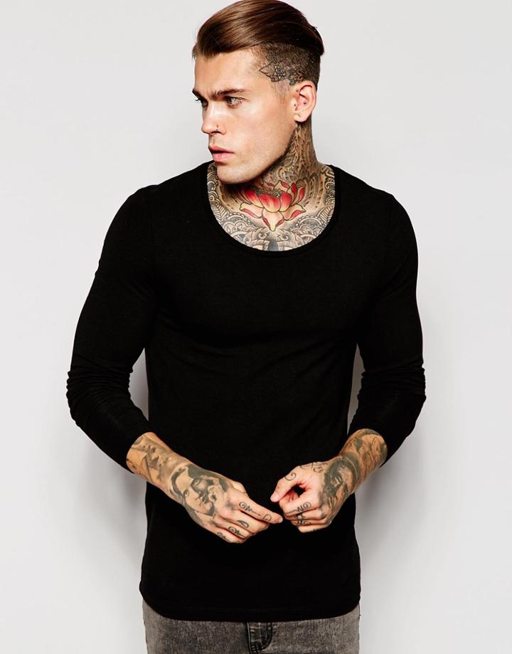 Asos Extreme Muscle Long Sleeve T-shirt With Scoop Neck - Black