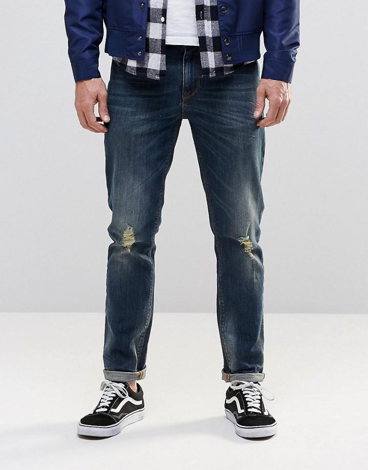 Asos Skinny Jeans In Dirty Blue With Rips - Blue