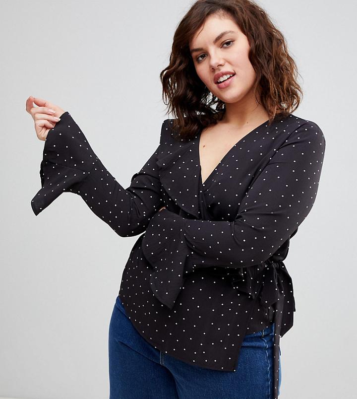 Boohoo Plus Polka Dot Tie Side Blouse - Black