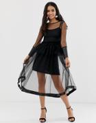 Amy Lynn Long Sleeve Sheer Layered Maxi Dress-black