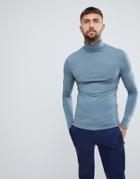 Asos Design Muscle Fit Long Sleeve T-shirt With Roll Neck In Blue - Blue