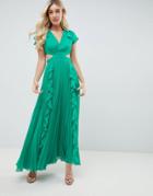 Asos Design Pleated Ruffle Maxi Dress With Cut Out - Green