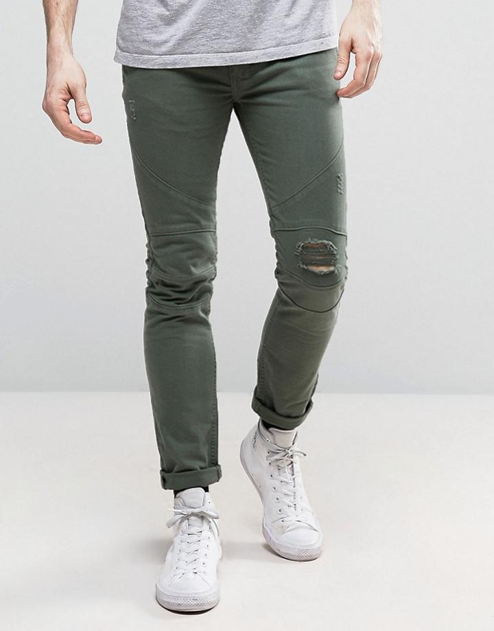Religion Biker Jeans With Ripped Biker Knee Detail - Green
