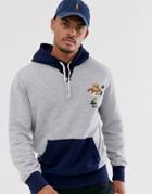 Polo Ralph Lauren Rugby Bear Embroidered Hoodie Contrast Detail In Gray Marl/navy