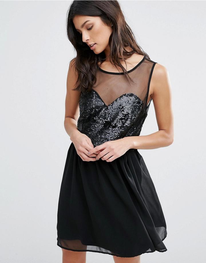 Pussycat London Skater Dress With Sequin And Mesh Top - Black