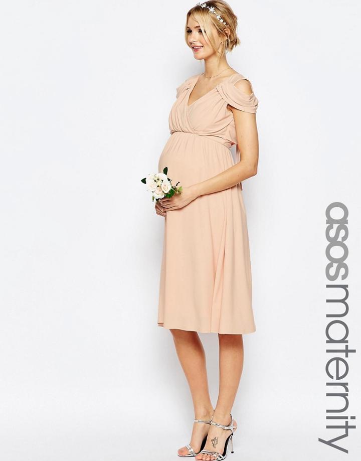 Asos Maternity Wedding Drape Cold Shoulder Midi Dress - Pink