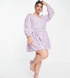 Closet London Plus Volume Sleeve Tiered Smock Mini Dress In Lavender Heart Print-purple