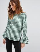 Warehouse Ruched Sleeve Gingham Top - Green
