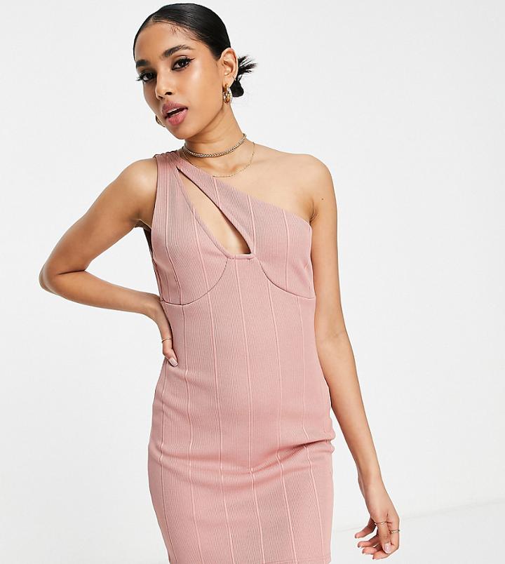 Miss Selfridge Petite One Shoulder Bandage Dress In Camel-pink