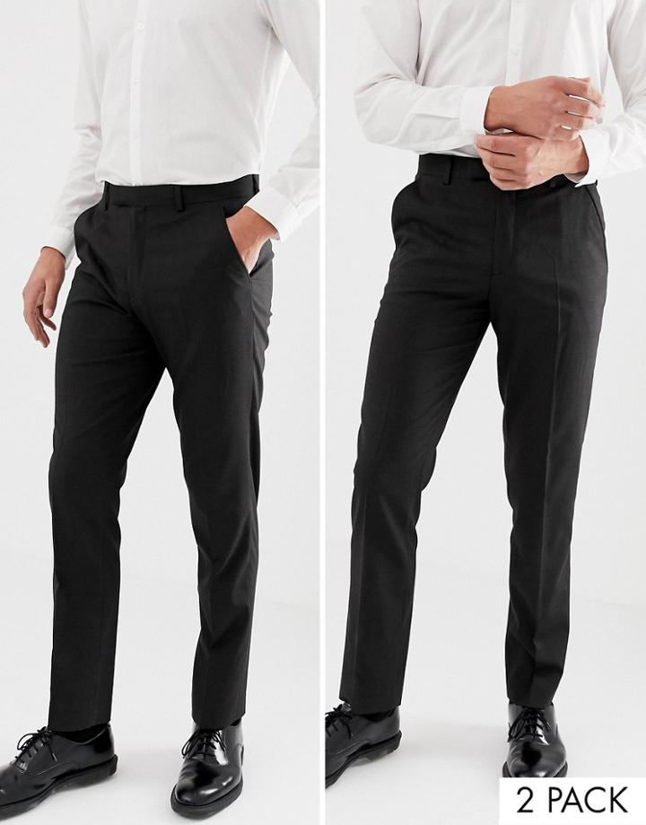Asos Design 2 Pack Slim Smart Pants In Charcoal Save - Gray