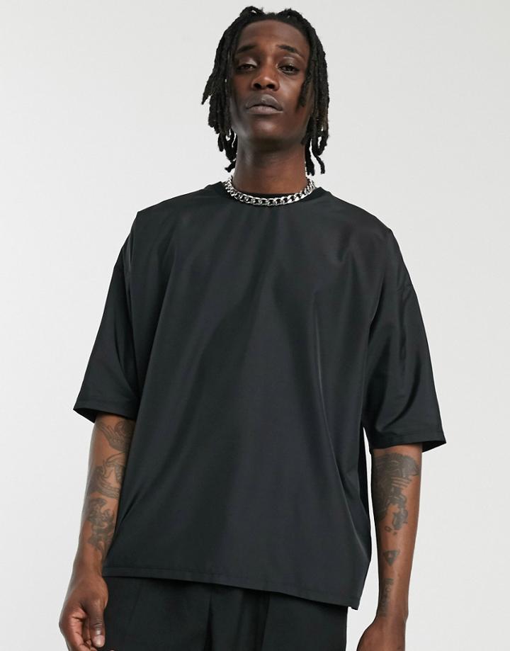 Asos Design Oversized T-shirt With Half Sleeve In Woven Fabric-black