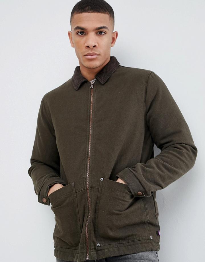 Pull & Bear Cord Collar Jacket In Khaki - Green