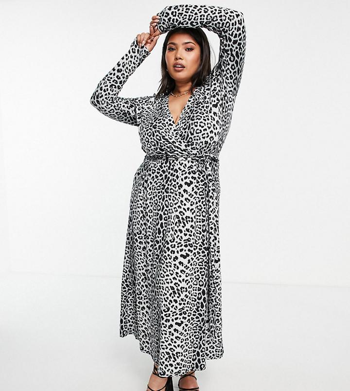 Asos Design Curve Midi Wrap Dress In Leopard Print-multi