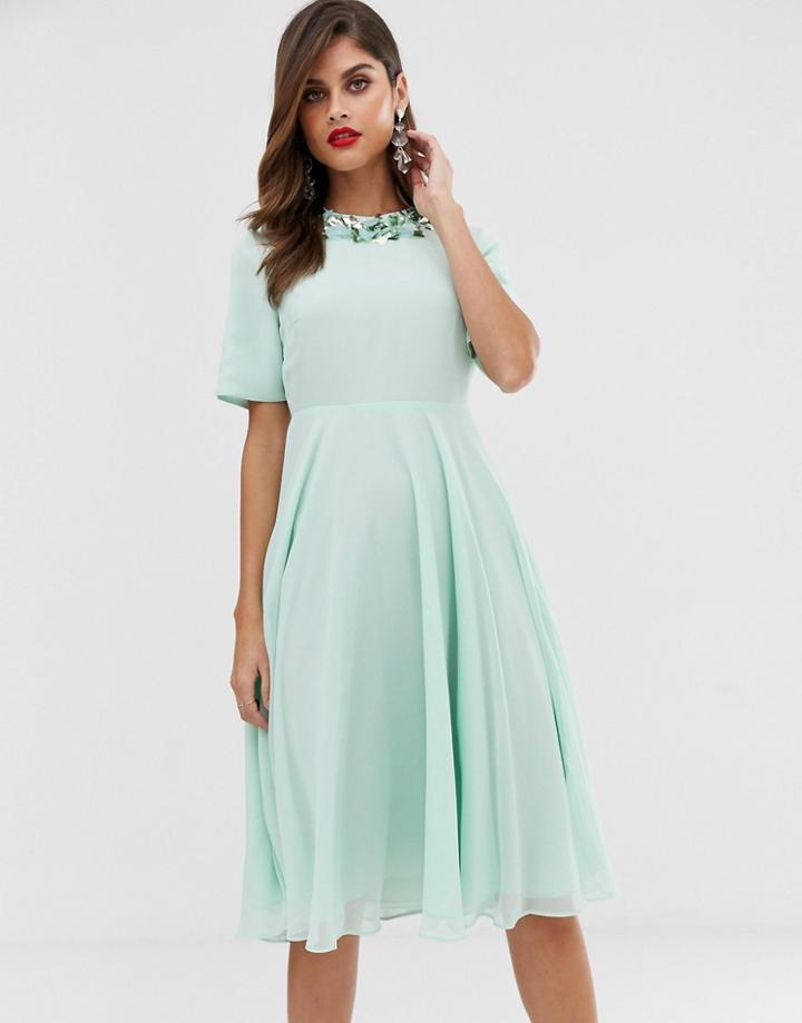 Asos Design Crop Top Embellished Neckline Midi Dress - Green