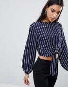 Asos Woven Top With Knot Front In Stripe - Multi