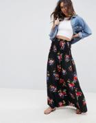 Asos Maxi Skirt With Shirred Waist In Floral Print - Black