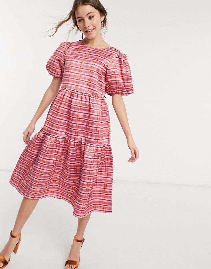 Glamorous Midi Volume Smock Dress In Pink Plaid