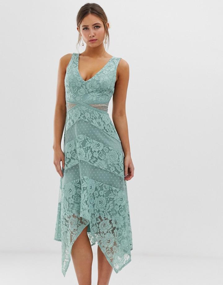 Little Mistress Lace Insert Midi Dress With Asymmetric Hem Detail In Green - Blue