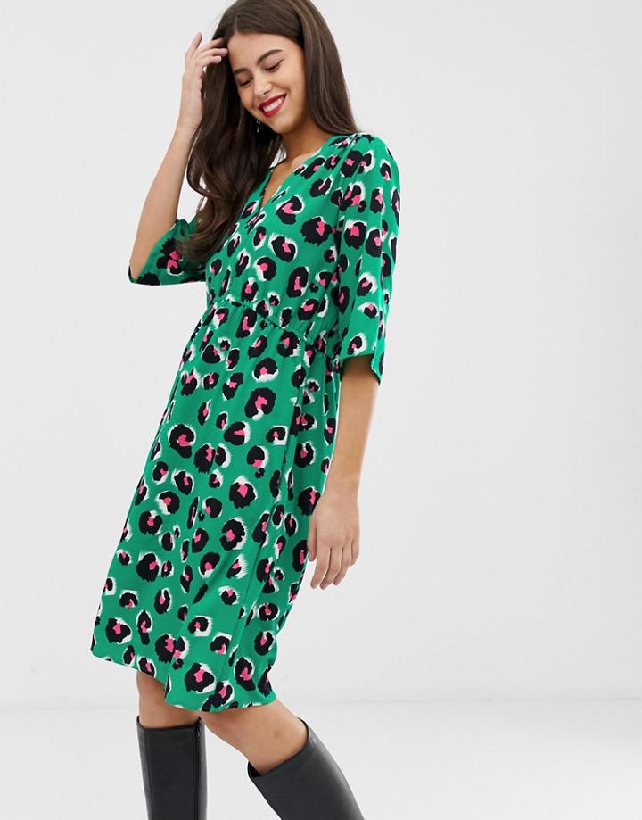Vila Bright Leopard Gathered Waist Shift - Green