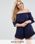 Asos Curve Off Shoulder Romper In Crinkle With Frill Hem - Navy