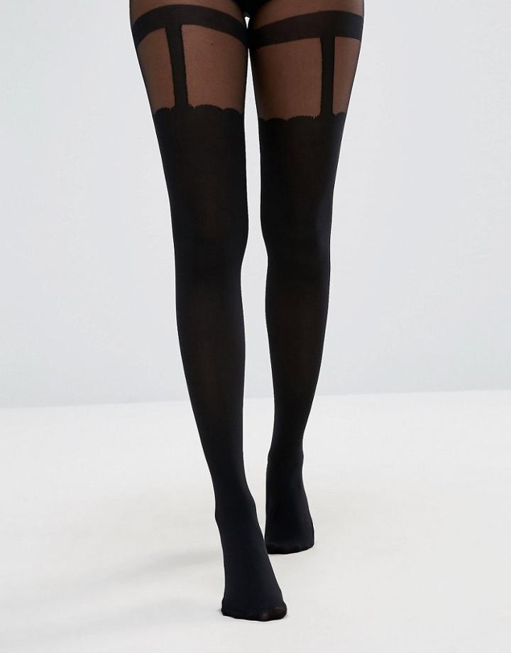 New Look Scallop Mock Suspender Tights - Black