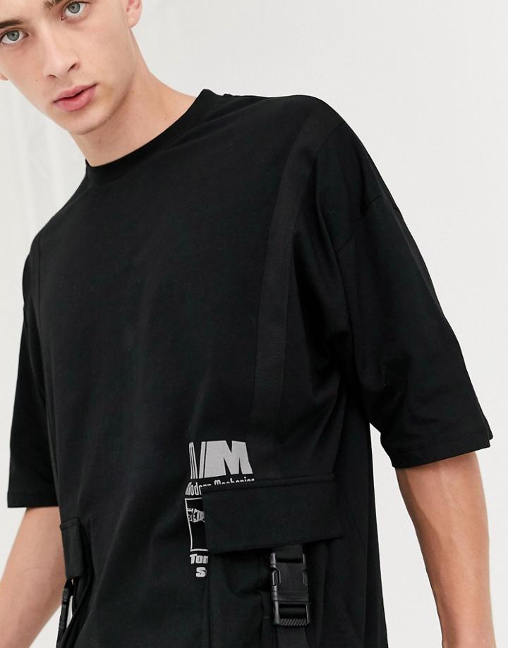 Asos Design Oversized T-shirt With Reflective Printed Pockets And Utility Details