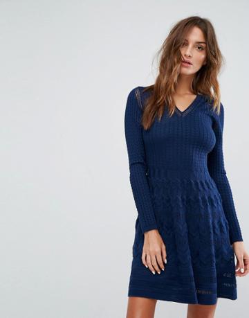 M Missoni Long Sleeved V Neck Wool Mix Knit Dress - Navy