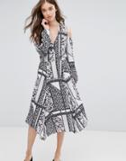 Miss Selfridge Cold Shoulder Patchwork Print Midi Dress - Multi