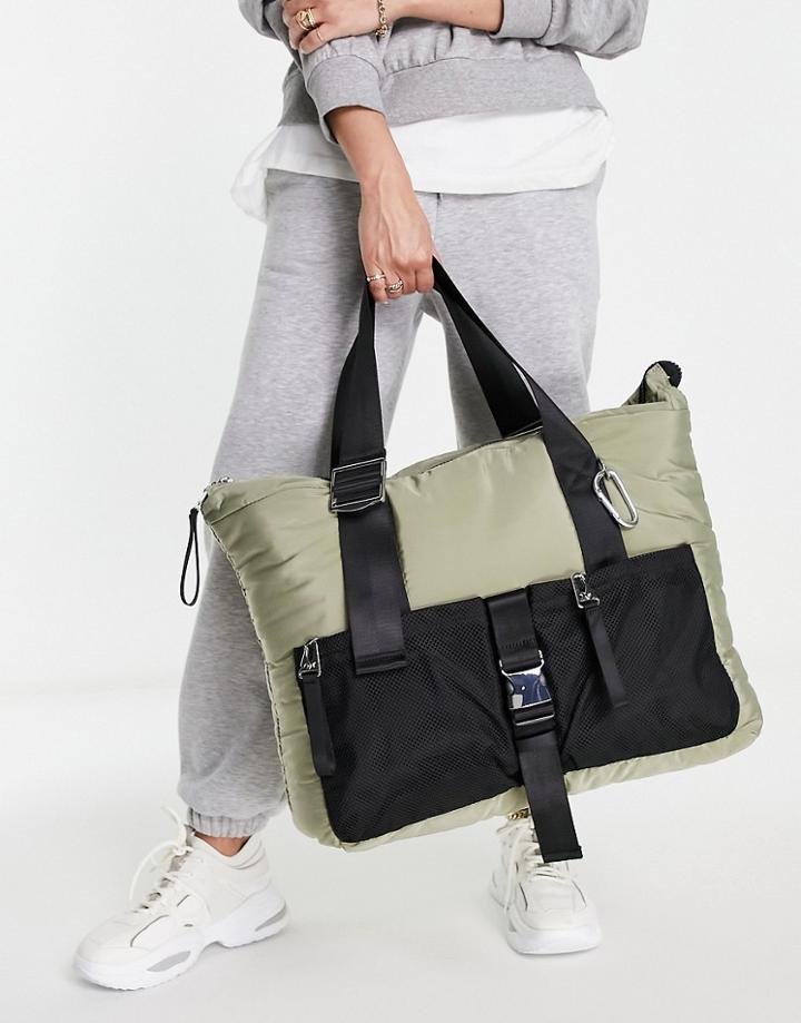 Topshop Recycle Tote Bag With Mesh Pocket In Khaki-green