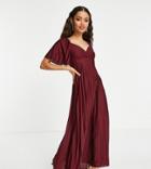 Asos Design Petite Pleated Twist Back Cap Sleeve Maxi Dress In Oxblood-red