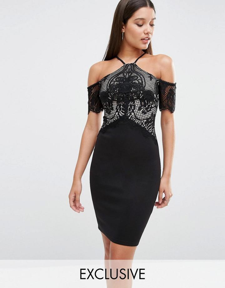 Lipsy Cold Shoulder Lace Mesh Bodycon Dress - Black
