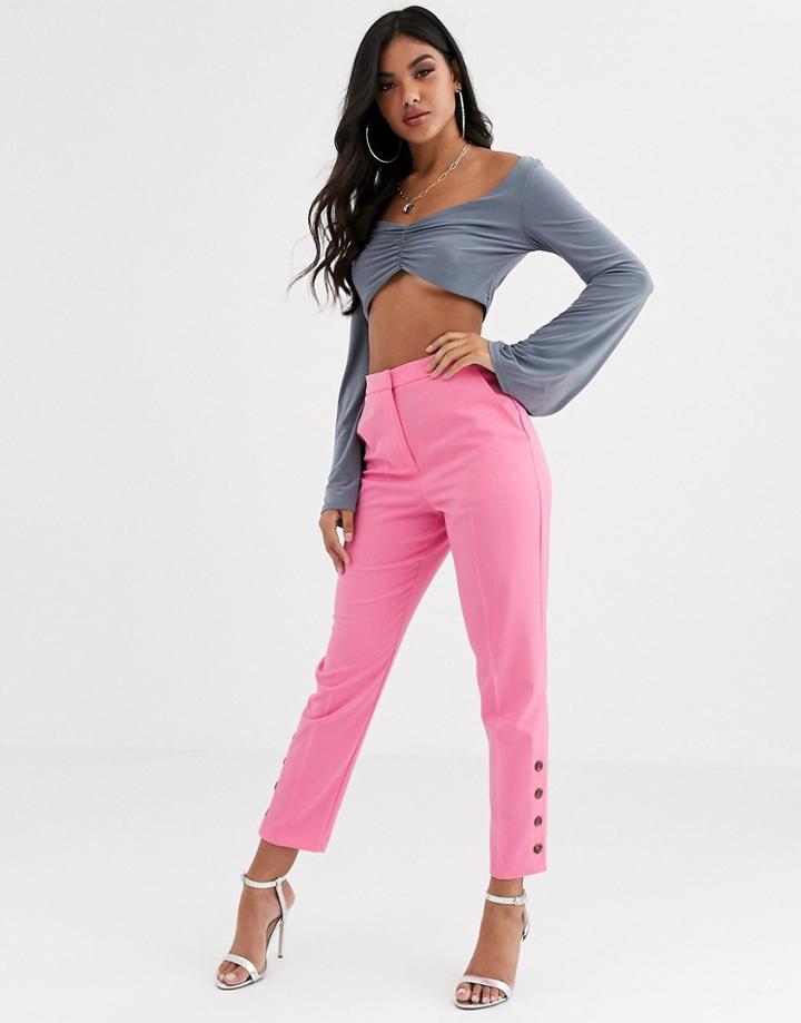Asos Design Slim Pants With Ankle Button Detail-pink