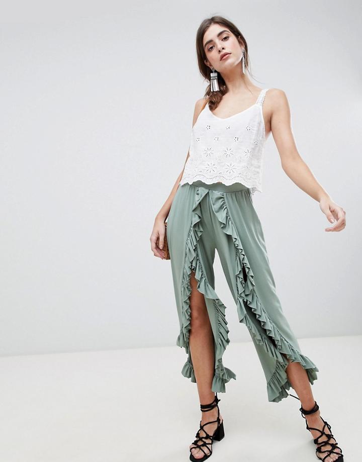 Asos Design Wide Leg Pants With High Low Frill Hem - Green