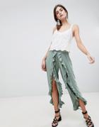 Asos Design Wide Leg Pants With High Low Frill Hem - Green